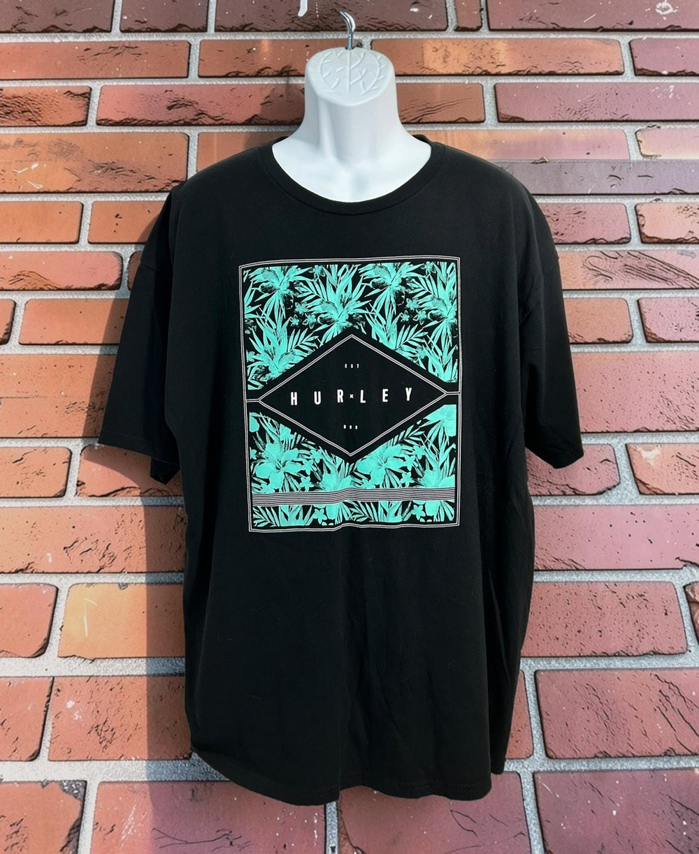 Men's Hurley Black T-Shirt Sz XXL Tropical Palms Cotton Tee Short Sleeve EST 999